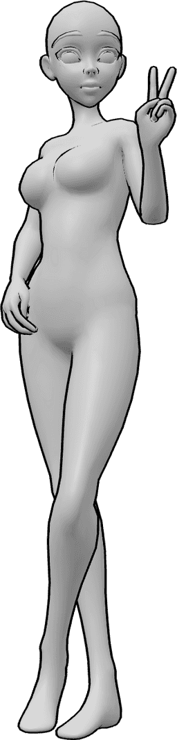 Référence des poses- Femme d'animation en position debout - Une femme animée se tient debout, les jambes croisées, la main droite dans la poche et montrant le signe de la paix de la main gauche.