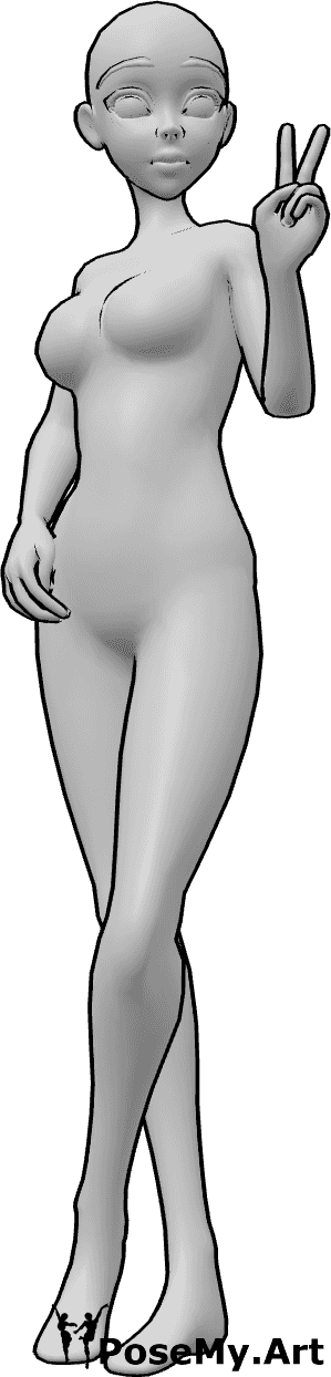 Référence des poses- Femme d'animation en position debout - Une femme animée se tient debout, les jambes croisées, la main droite dans la poche et montrant le signe de la paix de la main gauche.