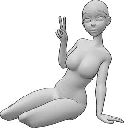 Référence des poses- Pose de paix à genoux - Une femme animée est assise, agenouillée et montre le signe de la paix avec sa main droite.