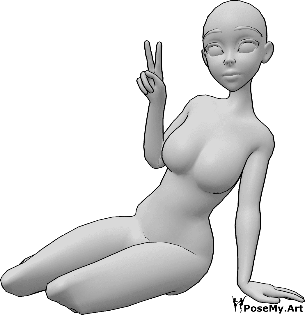 Referencia de poses- Anime arrodillado pose de paz - Mujer anime está sentada, arrodillada y mostrando el signo de la paz con su mano derecha