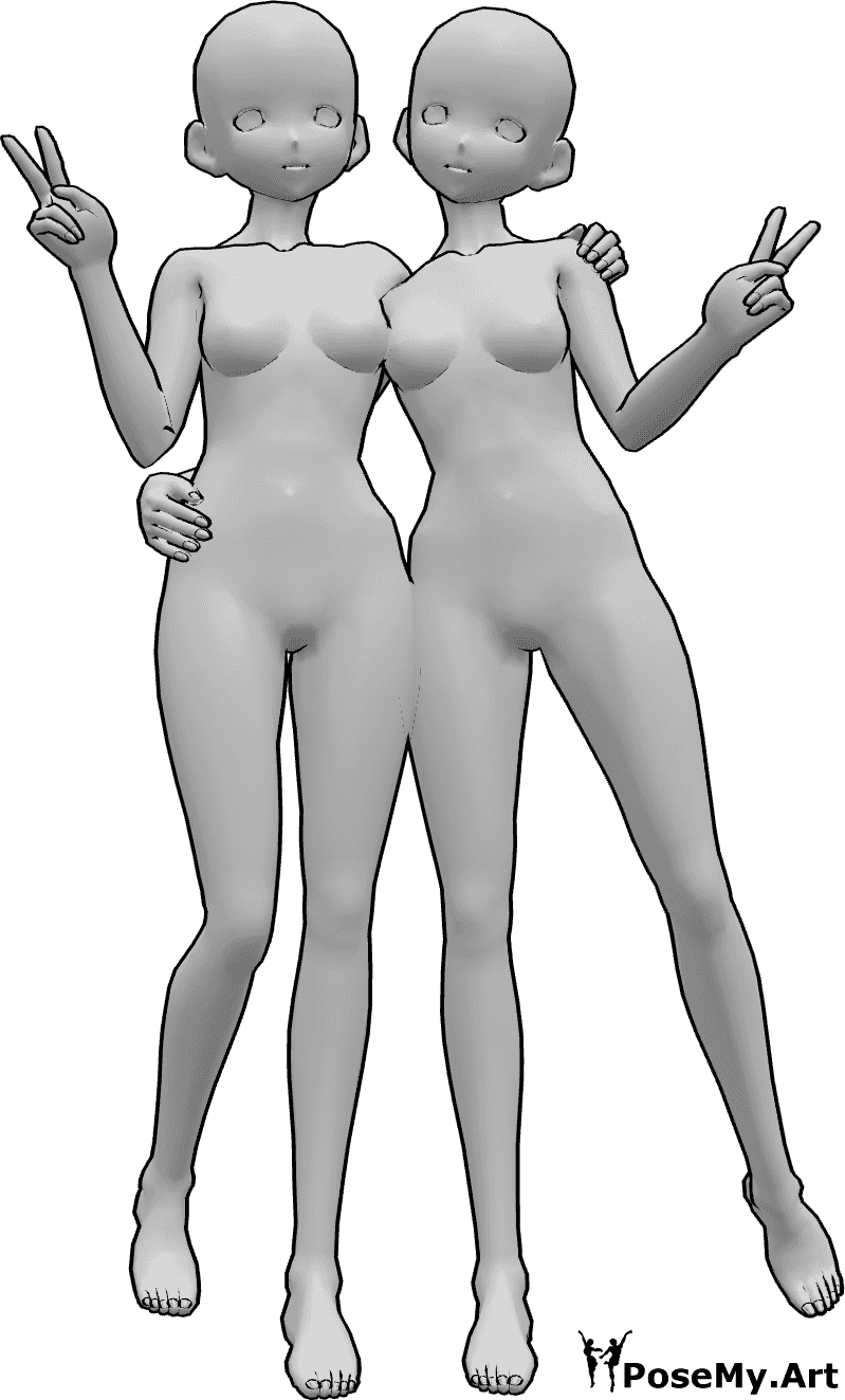 Posen-Referenz- Anime umarmende Friedenspose - Zwei Anime-Frauen umarmen sich und zeigen Friedenszeichen, Anime-Friedenszeichen-Pose