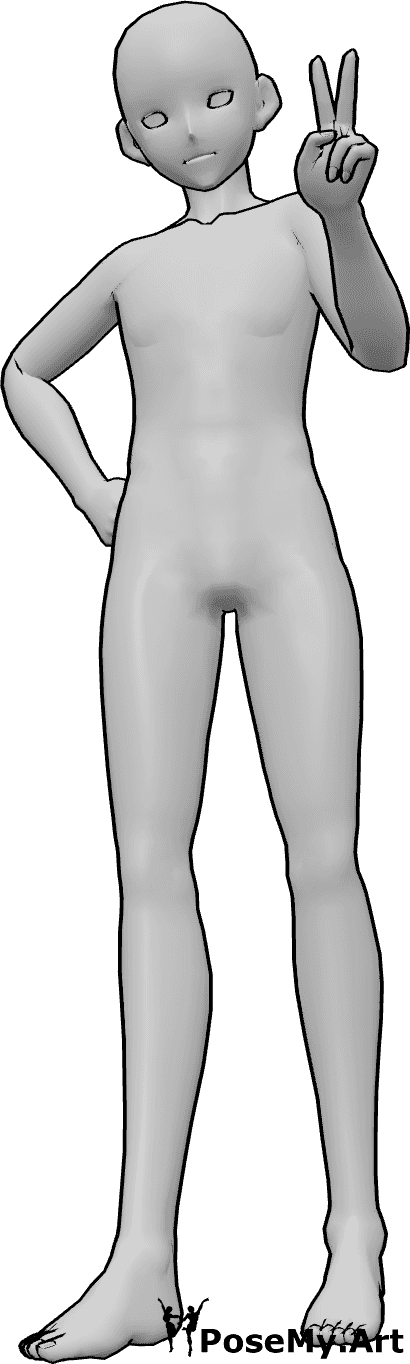 Riferimento alle pose- Anime maschile in posa eretta - Uomo anonimo in piedi, con la mano destra sull'anca e segno di pace con la mano sinistra