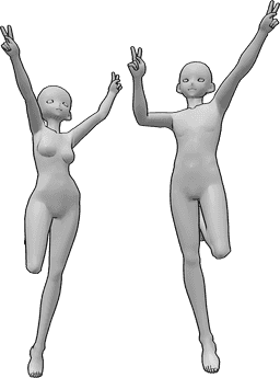 Referência de poses- Pose de paz com salto de anime - Anime feminino e masculino estão a saltar e a mostrar o sinal da paz com as duas mãos