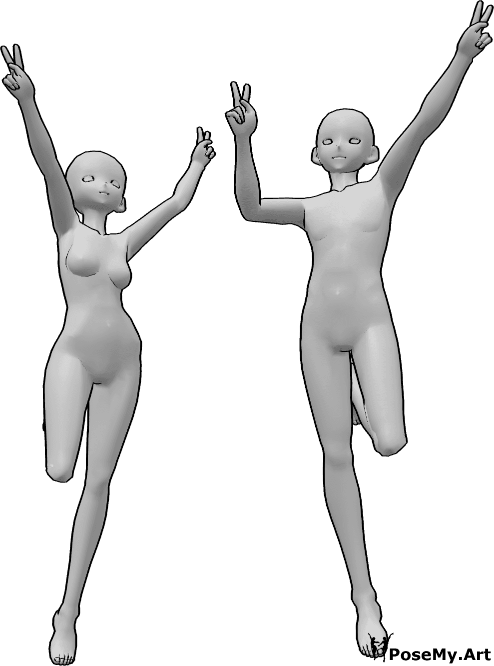 Référence des poses- Anime jumping peace pose - Une femme et un homme de l'animation sautent et font le signe de la paix avec leurs deux mains.