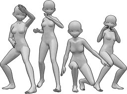 Référence des poses- Pose de groupe de combattantes d'anime - Quatre combattantes d'anime prennent la pose, se tiennent debout dans des positions de boxe et de karaté et regardent vers l'avant.