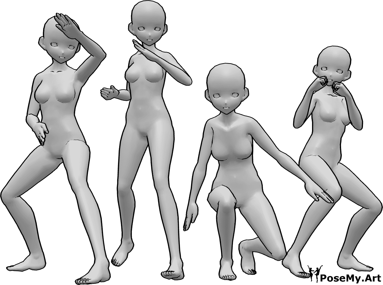 Referência de poses- Pose de grupo de lutadoras de anime - Quatro lutadoras de anime posam em posições de boxe e karaté e olham para a frente