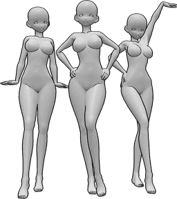 Référence des poses- Anime femelles pose mignonne - Trois femmes animées posent joliment, les mains sur les hanches et le regard tourné vers l'avant.