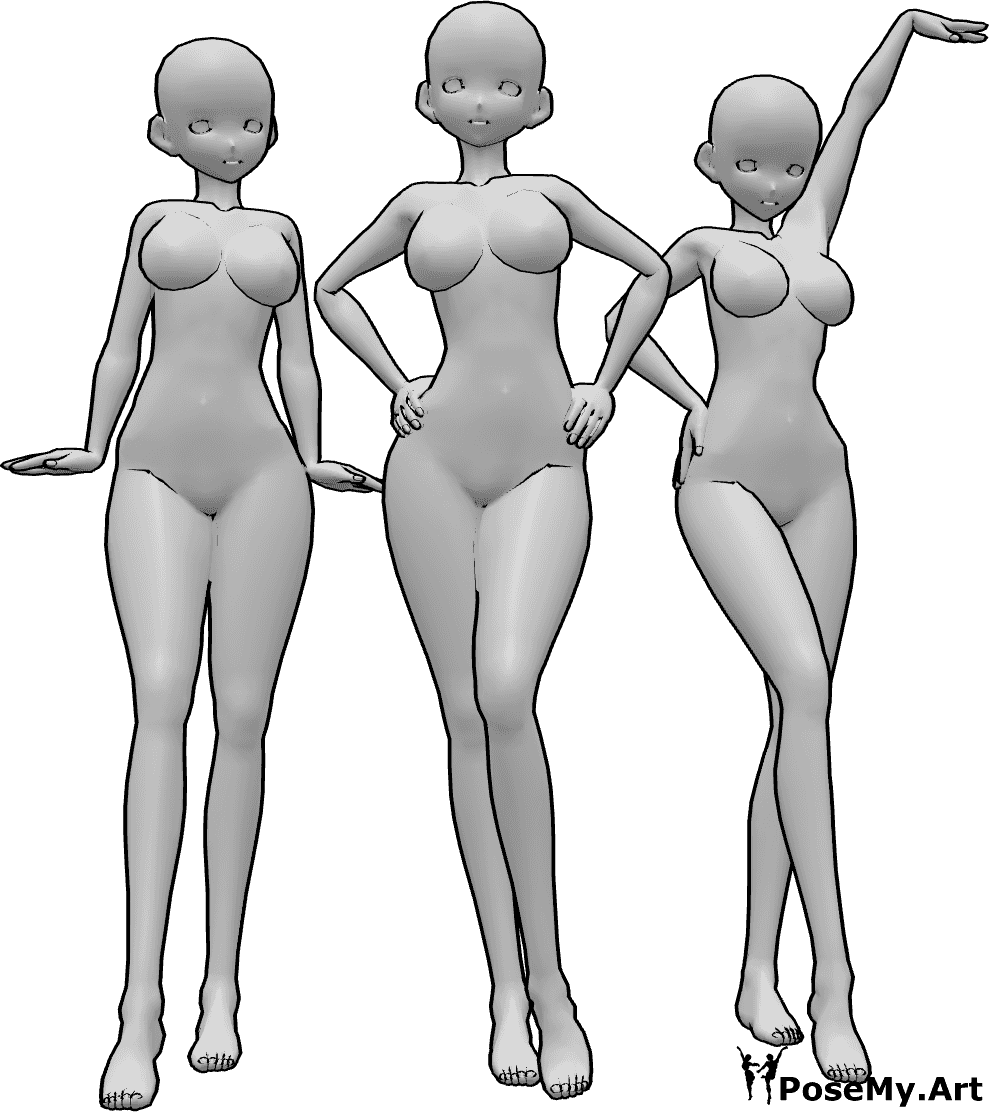 Referência de poses- Pose gira de mulheres de anime - Três mulheres de anime estão a posar de forma gira, colocando as mãos nas ancas e olhando para a frente