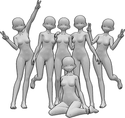 Referência de poses- Pose de fotografia de grupo feminina de anime - Seis mulheres de anime estão a posar, a tirar uma fotografia de grupo, a mostrar sinais de paz e a olhar para a frente