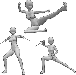 Referência de poses- Pose de lutadoras de anime - Três lutadoras de anime estão a posar com os seus sais, a do meio salta alto e dá pontapés laterais no ar