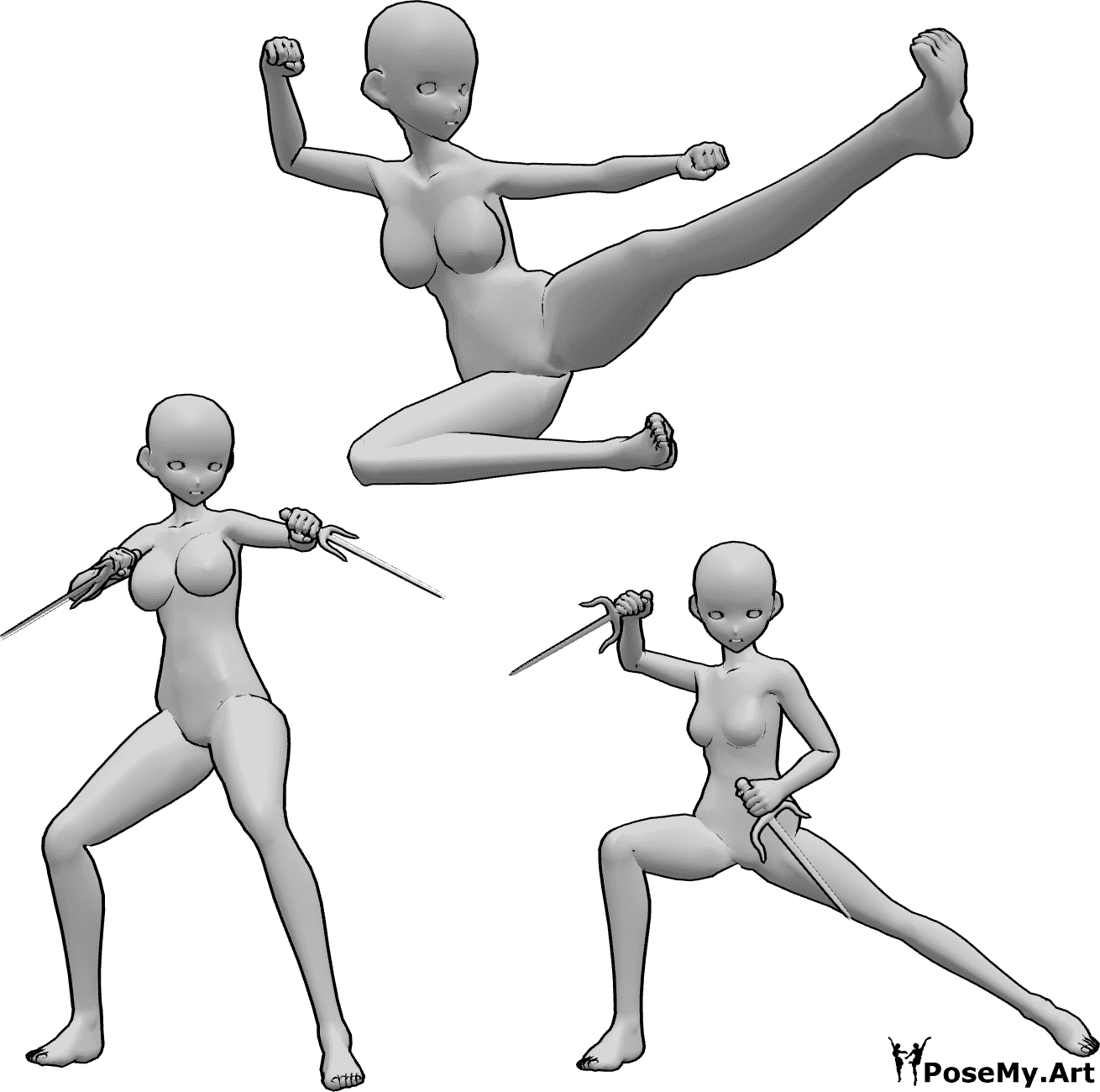 Riferimento alle pose- Anime di combattenti femminili in posa - Tre lottatrici anime sono in posa con i loro sais, la centrale salta in alto e calcia lateralmente in aria