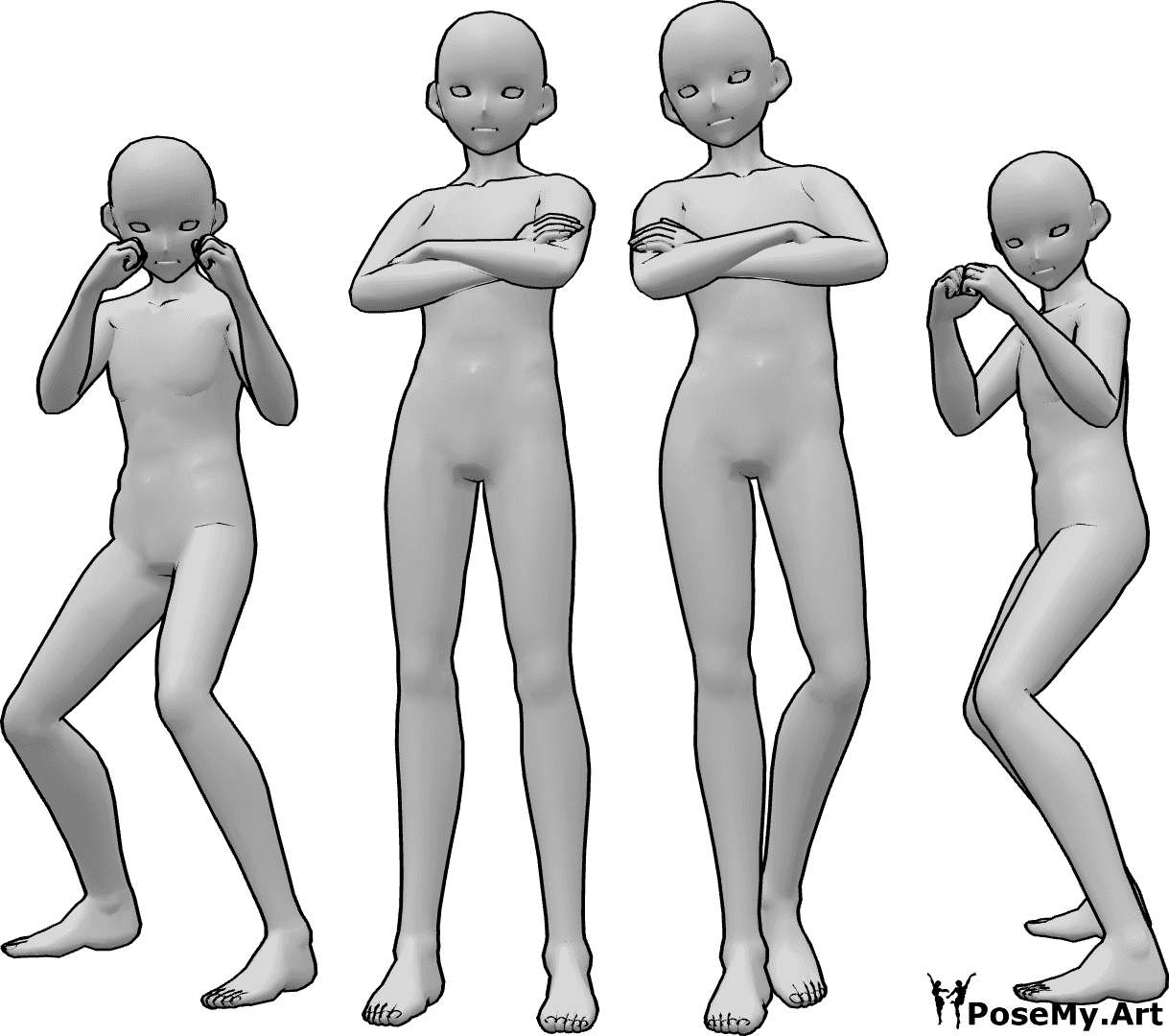 Référence des poses- Pose d'un combattant de l'anime - Quatre combattants de sexe masculin posent, deux d'entre eux sont en position de boxe et les deux autres sont debout, les bras croisés.