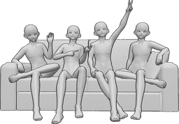 Référence des poses- Pose de groupe d'amis masculins de l'anime - Un groupe de cinq hommes animés est assis sur le canapé, faisant un signe de la main et de la paix.