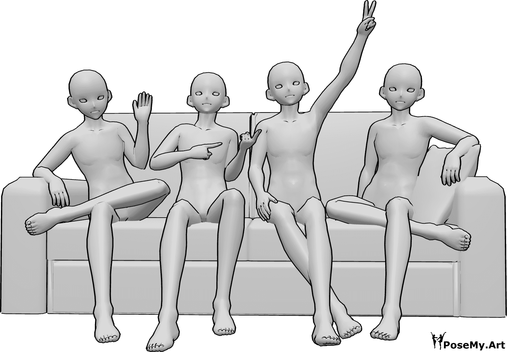 Pose Reference- Anime male friends group pose - Group of five anime males are sitting on the sofa, waving and showing peace sign