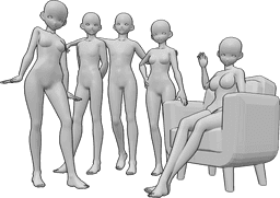 Referencia de poses- Pose de grupo anime - Grupo de cinco mujeres y hombres anime posando para una foto de grupo, sentados y de pie.