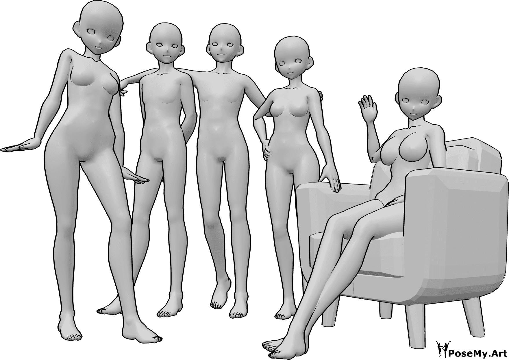 Referência de poses- Pose de grupo de anime - Grupo de cinco mulheres e homens de anime a posar para uma fotografia de grupo, sentados e de pé
