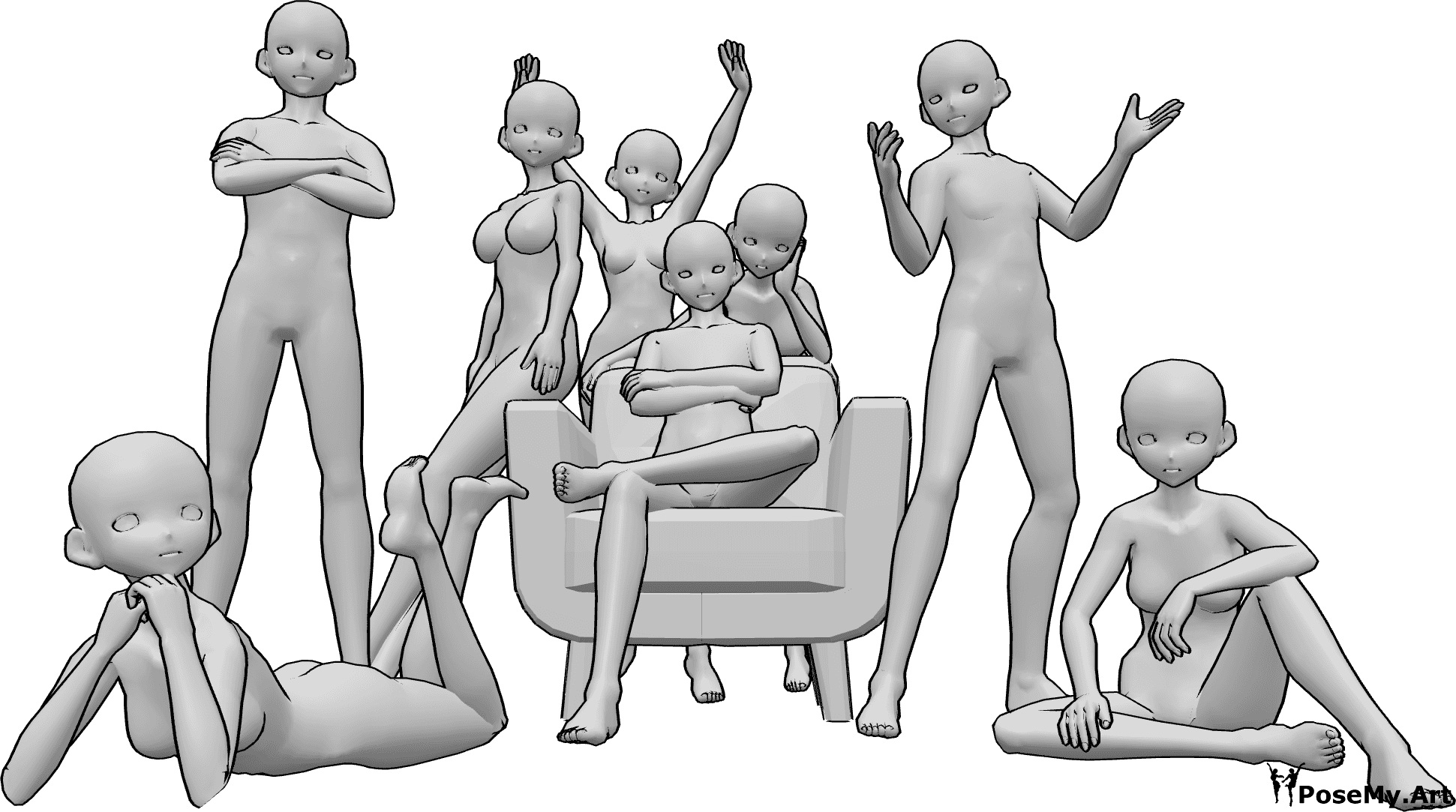 Référence des poses- Pose pour une photo de groupe d'anime - Groupe de huit femmes et hommes animés posant pour une photo de groupe amicale, assis et debout.