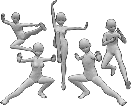 Referência de poses- Pose de grupo de kung fu de anime - Grupo de cinco lutadores de kung fu de anime, femininos e masculinos, a posar, lutadores de kung fu de anime a posar