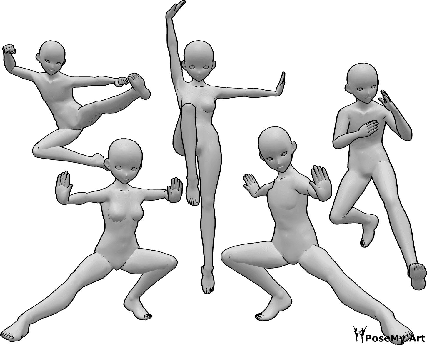 Referencia de poses- Anime kung fu pose de grupo - Grupo de cinco anime femenino y masculino luchadores de kung fu están posando, anime kung fu luchadores posan