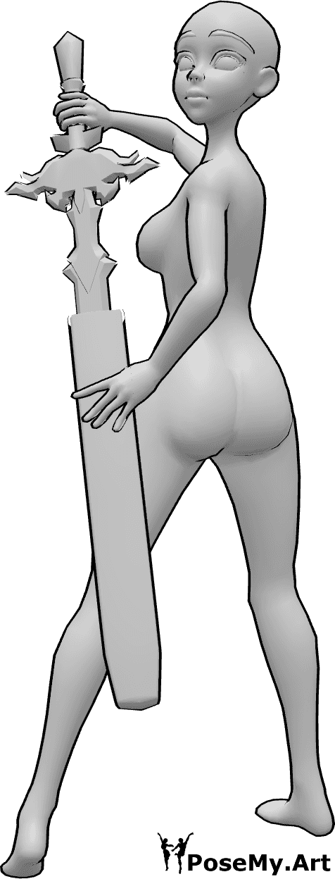 Referencia de poses- Anime espada vaina pose - Mujer anime saca su espada de su vaina pose