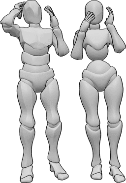 Référence des poses- Pose masculine féminine surprise - Une femme et un homme se tiennent l'un à côté de l'autre, tous deux sont surpris par quelque chose et se tiennent la tête.