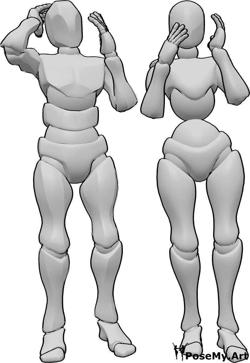 Referência de poses- Pose masculina feminina surpreendida - Uma mulher e um homem estão de pé um ao lado do outro, ambos surpreendidos por algo, segurando a cabeça