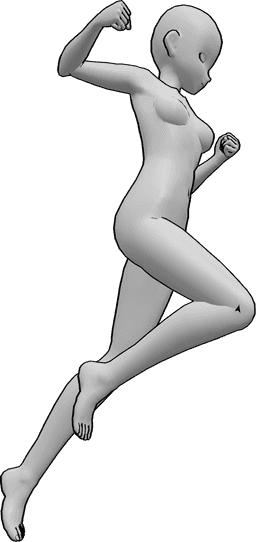 Posen-Referenz- Anime weiblich springen Punsch Pose - Anime-Frau springt hoch und will mit ihrer rechten Hand zuschlagen