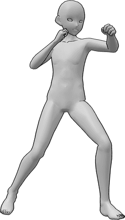 Referência de poses- Pose de soco de boxe de anime - Homem anime em posição de boxe e a dar um murro com a mão esquerda