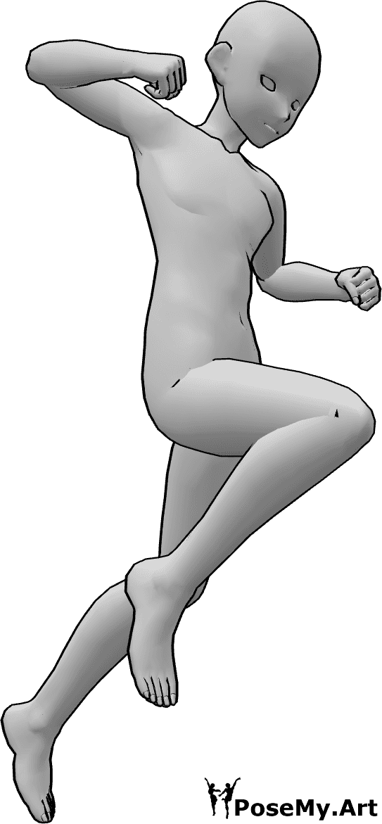 Référence des poses- Anime male jumping punch pose - L'homme animé saute haut et s'apprête à donner un coup de poing avec sa main droite.