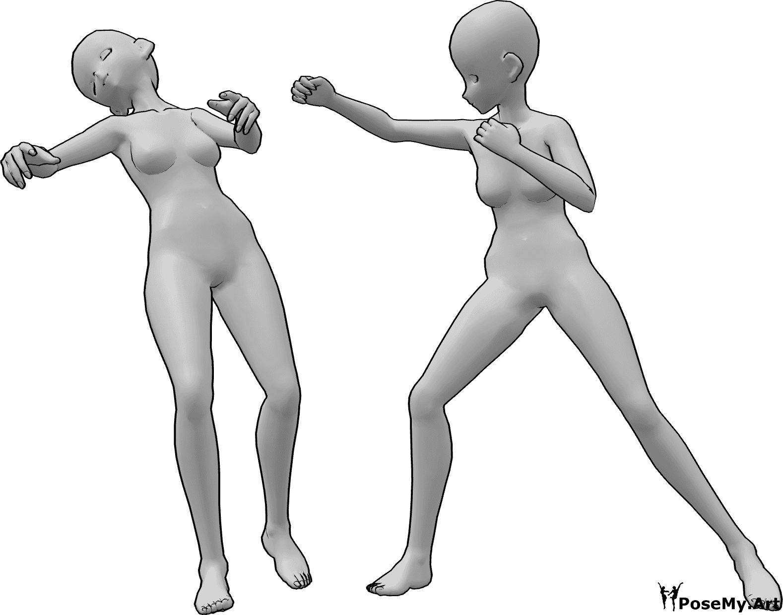 Référence des poses- Pose de la chute d'un coup de poing féminin - Une femme animée tombe inconsciemment en arrière après avoir reçu un coup de poing au visage.