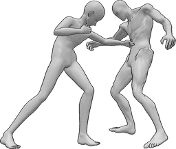 Référence des poses- Pose de l'anime pour le coup de poing dans l'estomac - L'homme animé donne un coup de poing à l'ennemi dans l'estomac avec sa main gauche.