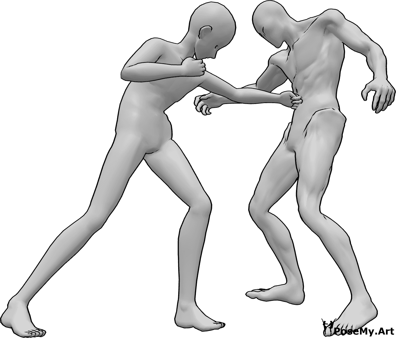 Referencia de poses- Postura anime de puñetazo en el estómago - Hombre anime está golpeando al enemigo en el estómago con su mano izquierda