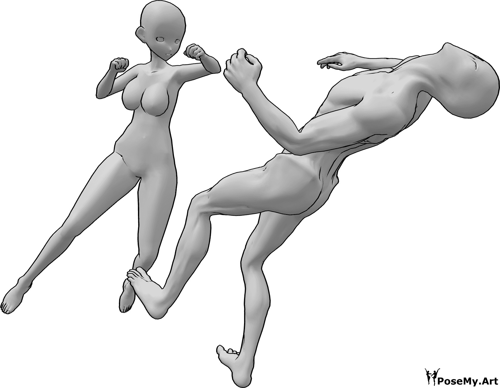 Référence des poses- Pose d'une femme de l'anime en train de donner un coup de poing - L'ennemi tombe inconsciemment en arrière à la suite d'un coup de poing à la tête.