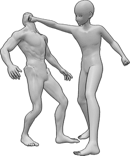 Referência de poses- Pose de soco de homem de anime - O homem anime está a dar um murro na cabeça do inimigo com a sua mão direita