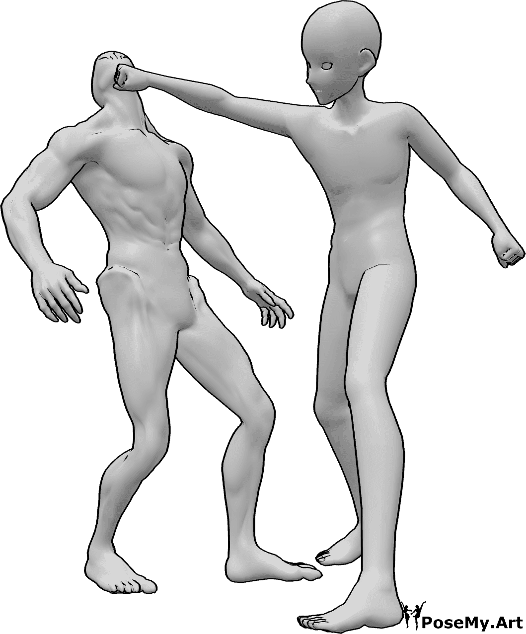 Référence des poses- Anime male punch pose - L'homme animé frappe l'ennemi à la tête avec sa main droite.