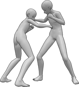 Référence des poses- Pose de combat des hommes de l'anime - Deux hommes animés se battent et se donnent des coups de poing à la tête et à l'estomac.