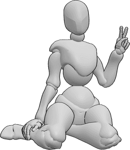 Pose Reference- Kneeling peace sign pose - Female is sitting on her knees and showing peace sign with her left hand