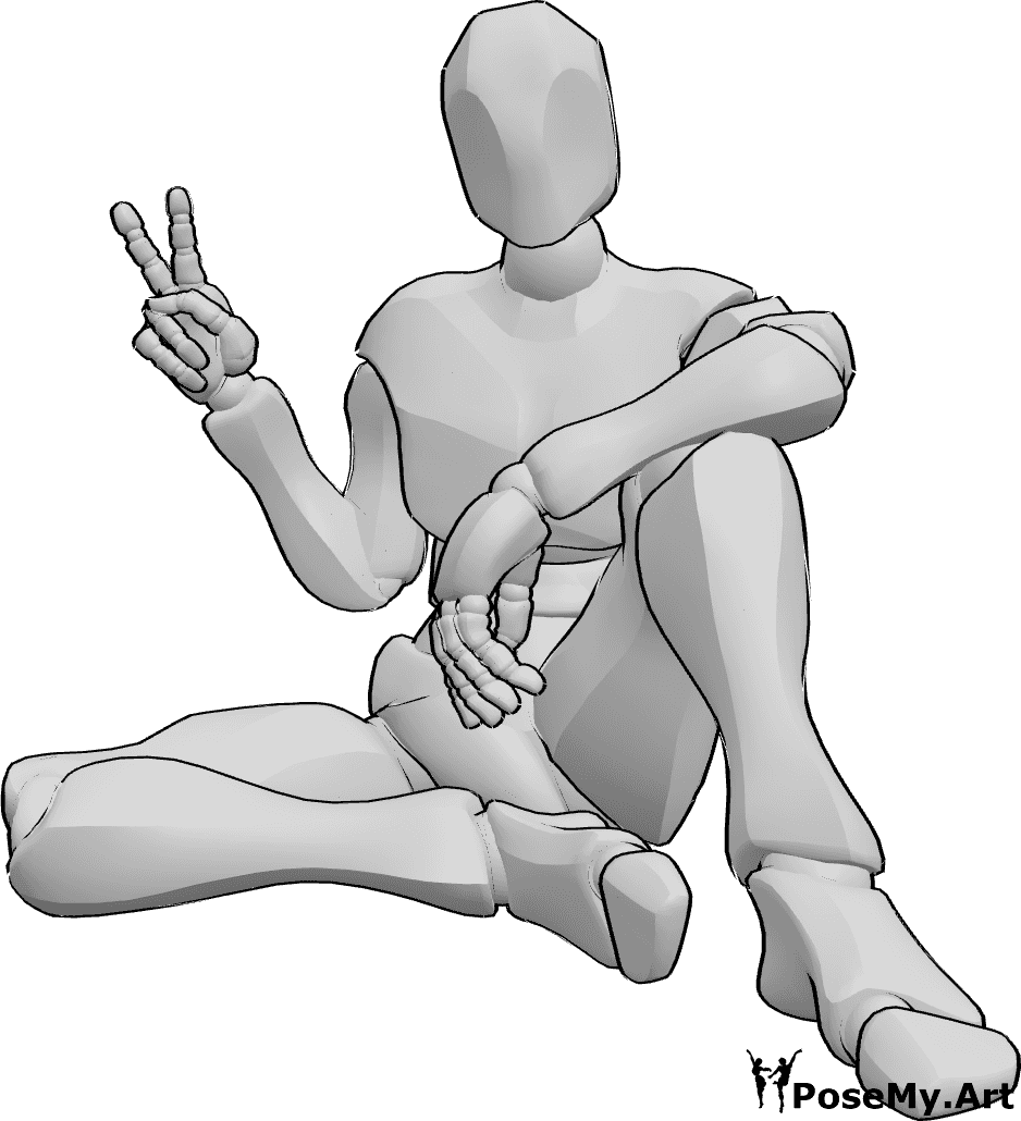 Referencia de poses- Masculino sentado pose de paz - Varón sentado, mirando al frente y mostrando el signo de la paz con la mano derecha