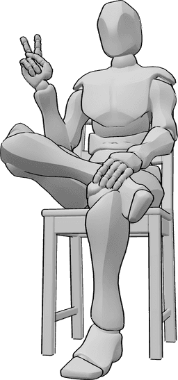 Riferimento alle pose- Posa maschile del segno della pace - Uomo seduto su una sedia con le gambe incrociate e mostra il segno della pace con la mano destra