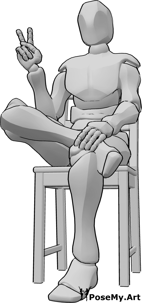 Referência de poses- Pose masculina do sinal de paz - Homem sentado numa cadeira com as pernas cruzadas e a mostrar o sinal da paz com a mão direita