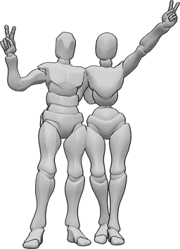 Riferimento alle pose- Posa femminile maschile del segno della pace - Una donna e un uomo sono in piedi, si abbracciano e mostrano il segno della pace.