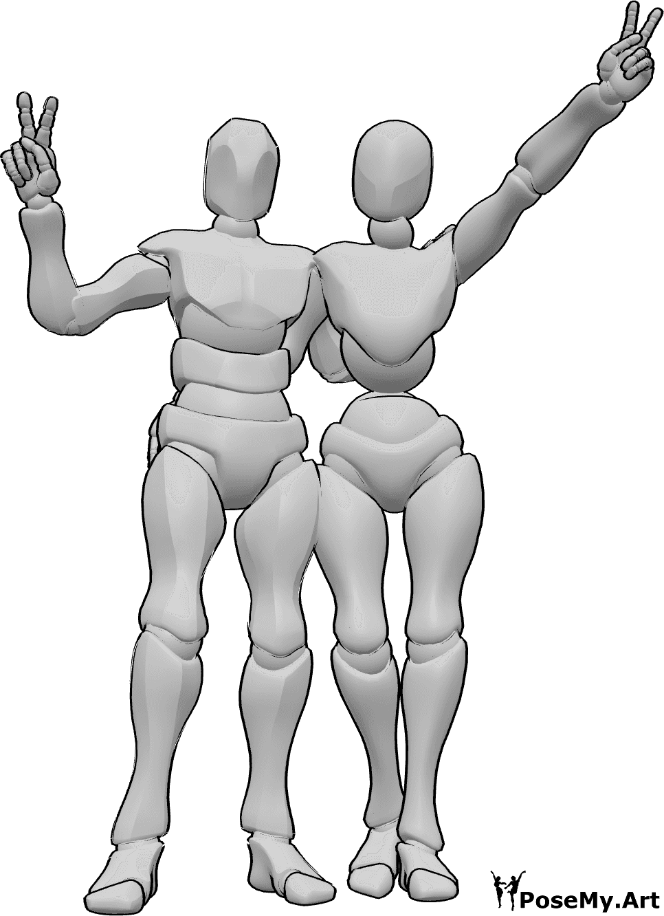 Référence des poses- Femme homme signe de paix pose - Une femme et un homme se tiennent debout, s'étreignent et font le signe de la paix.