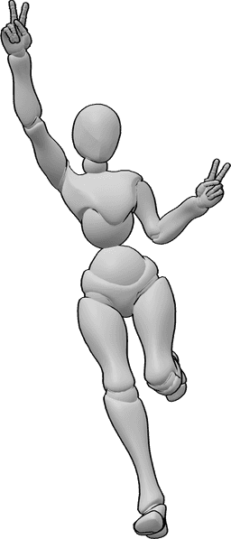 Posen-Referenz- Springende Friedenszeichen-Pose - Das glückliche Weibchen springt und zeigt das Friedenszeichen mit beiden Händen