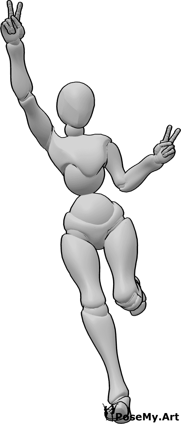 Referência de poses- Pose do sinal da paz em salto - A fêmea feliz está a saltar e a mostrar o sinal de paz com as duas mãos