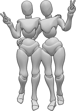 Referência de poses- Mulheres em pose de sinal de paz - Duas mulheres estão de pé, abraçam-se e fazem o sinal da paz