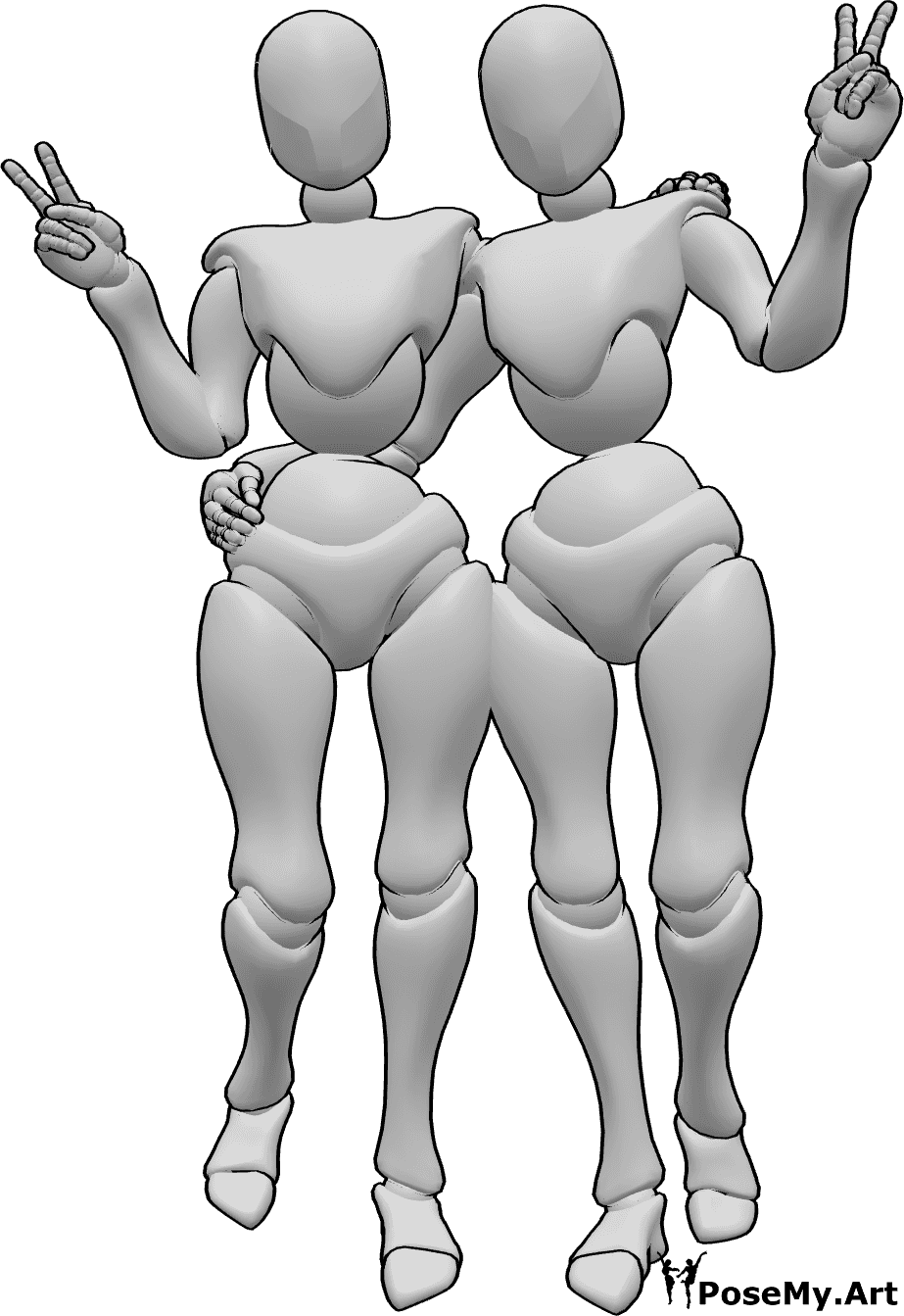 Referência de poses- Mulheres em pose de sinal de paz - Duas mulheres estão de pé, abraçam-se e fazem o sinal da paz