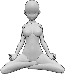 Posen-Referenz- Anime Yoga Meditation Pose - Anime-Frau sitzt, schaut nach vorne, macht Yoga und meditiert