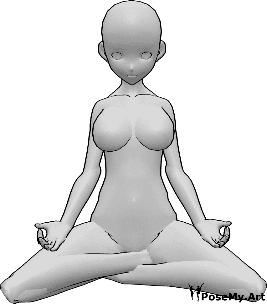 Referencia de poses- Postura de meditación anime yoga - Mujer anime está sentada, mirando hacia delante, haciendo yoga y meditando