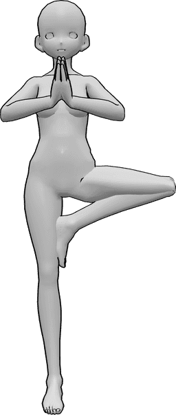 Referencia de poses- Postura de yoga anime de pie - Mujer anime está de pie, haciendo yoga, balanceándose sobre su pierna derecha