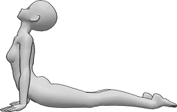 Referência de poses- Pose de yoga deitada de anime - Uma mulher anime está a fazer ioga, deitada e a esticar-se, olhando para cima